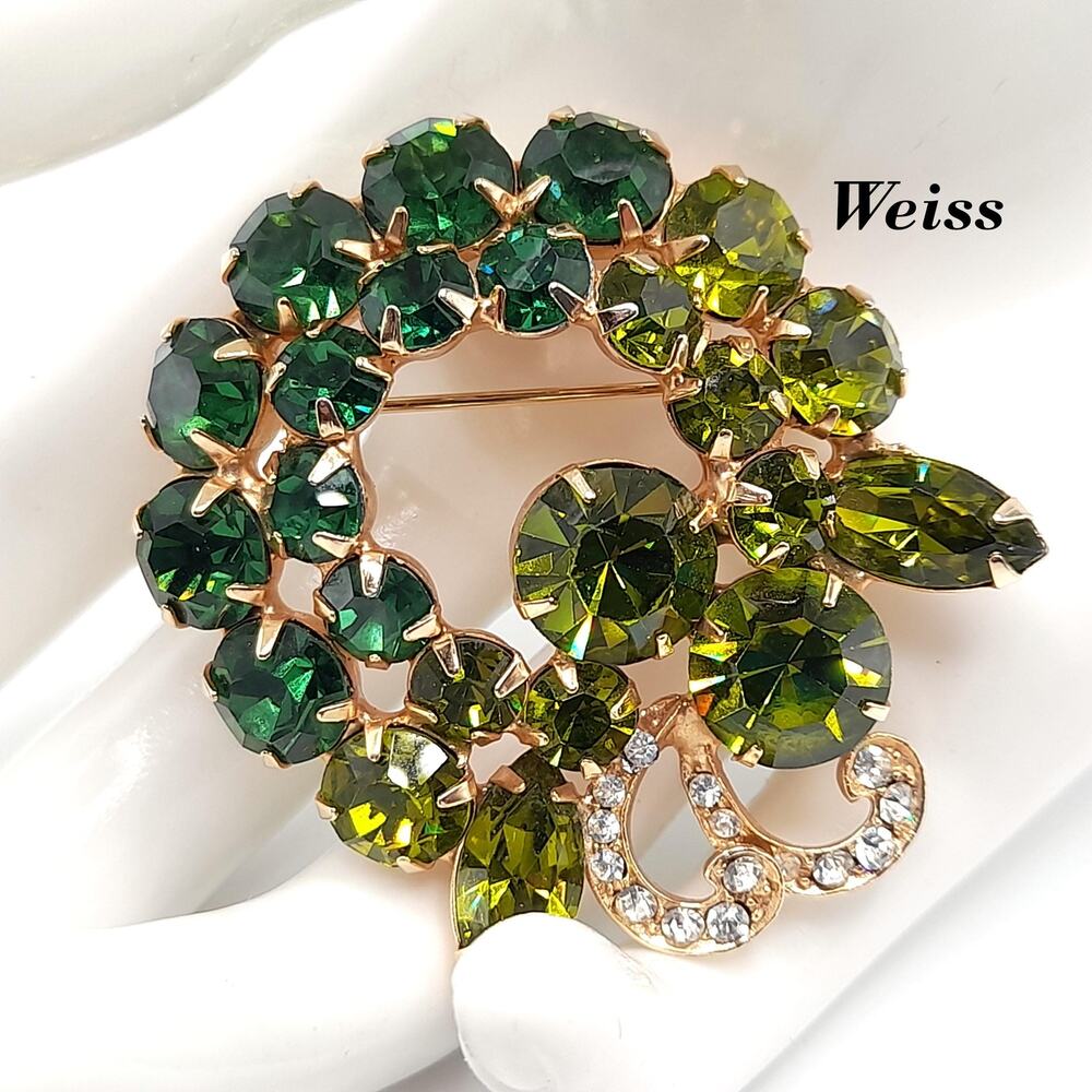 Vintage Weiss Green Rhinestone Brooch, Gold Plated, 1960s, 2 Inches